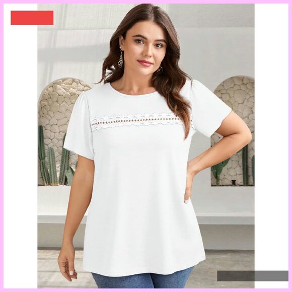 Boho Lace Short Sleeve Top Summer Casual Beach Vacation Shirt S-3XL - Picture 3 of 4